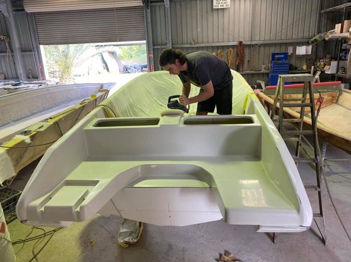 Check out the all new F24 outboard rear boarding and swim area!   One of our apprentices, Bejay, is putting the final touches on as it takes shape ready for the moulding process.