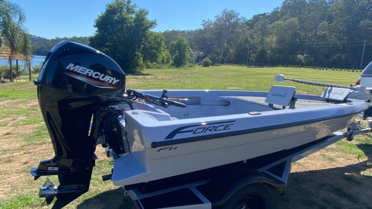 We are super proud of our First Force F13 Fisher on its very own, Force Custom Trailer.  Fitted out with all the latest gadgets, Mercury 4 stroke 40hp engine with WIFI Vessel View Mobile, Motor Guide, Live fish Well and Rod Storage, this is a fisher’s dream 🎣